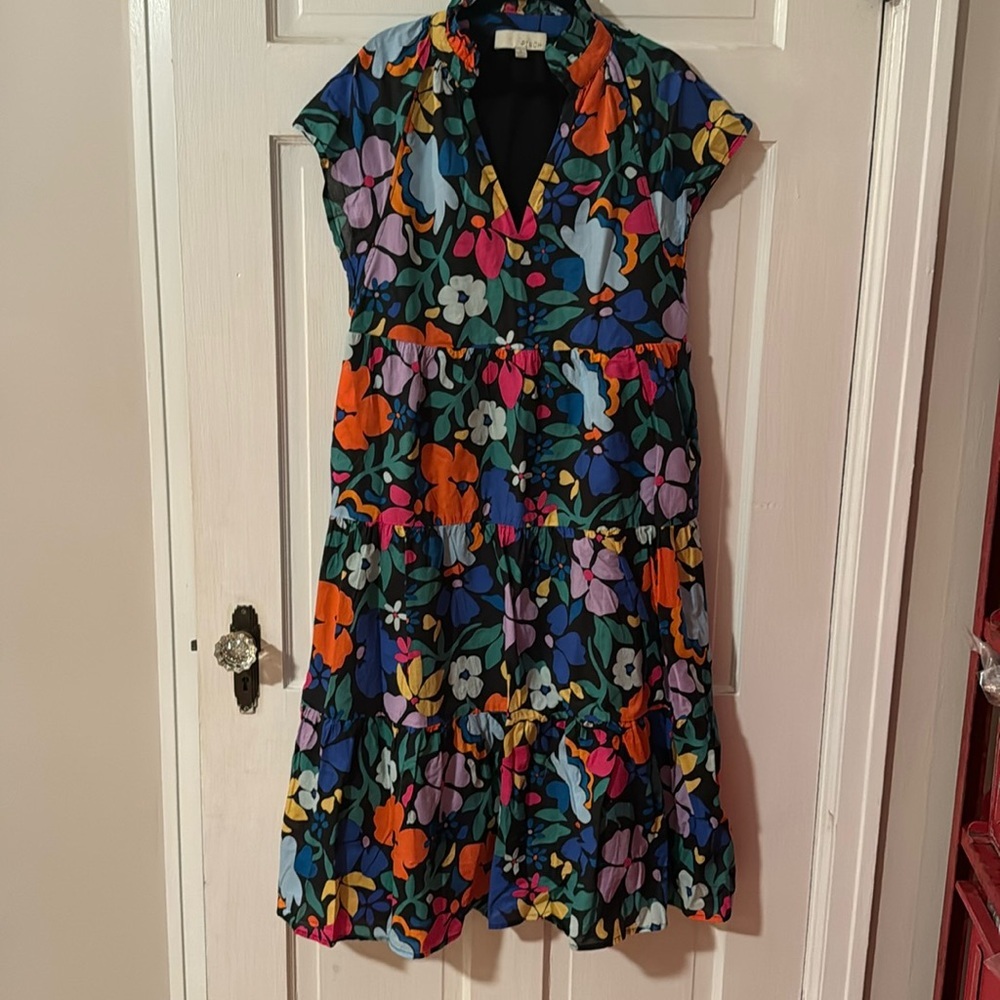 Pinch Women's Floral Midi Dress V Neck Ruffle Neck Short Sleeve Size S 4121DC